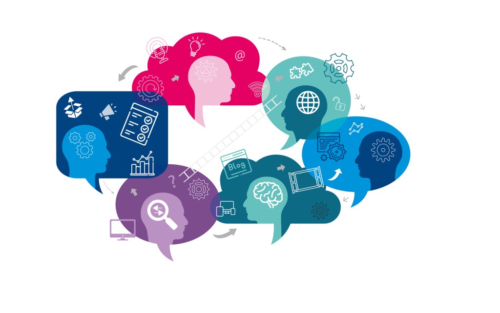 An illustration showing various colorful speech bubbles with icons representing knowledge transfer, research, blogs, and communication. The design features human silhouette profiles and symbols related to digital engagement and science communication.