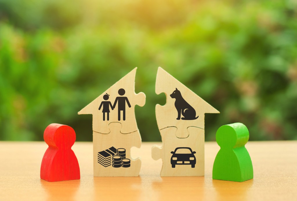Wooden puzzle pieces shaped like houses with icons representing family, money, a car, and a dog, flanked by red and green figurines on a table against a blurred green background.
